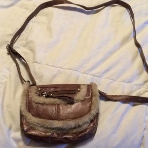Brown leather and faux fur trimmed purse